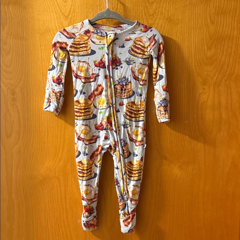 Pancake Print Kids One Piece. Bums and roses size 0-3 mo.